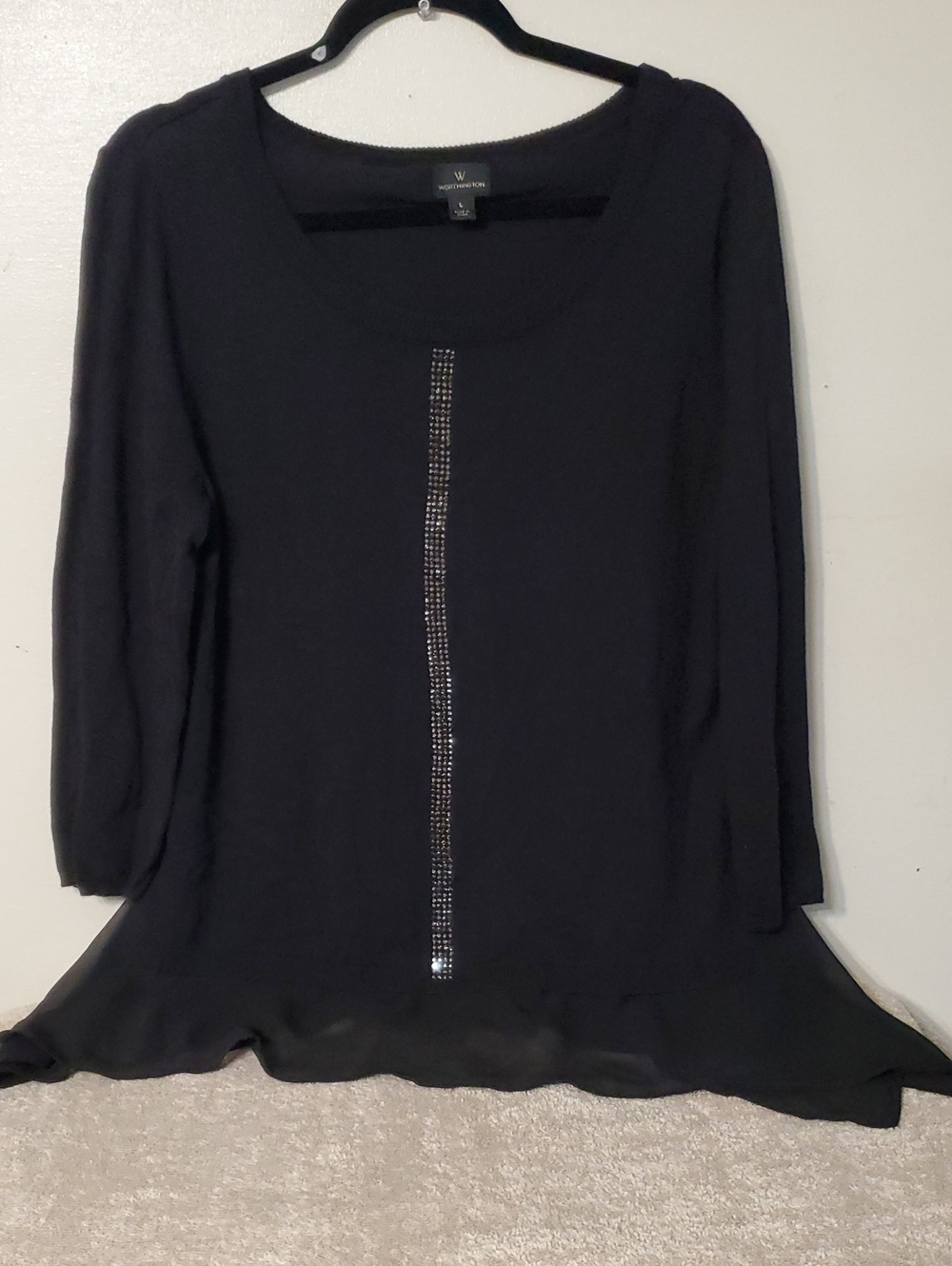 W by Worth Black Long Sleeve Scoop Neck Top with Center Rhinestone Stripe